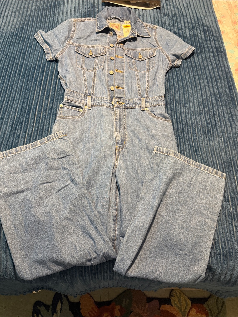 Denim Short-Sleeve Jumpsuit in Light Blue